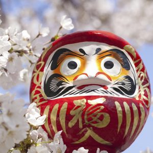Red white and gold Daruma doll with cherry blossoms in the background.