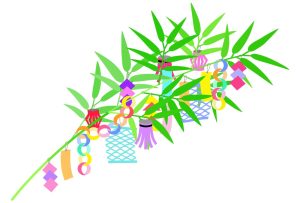 Illustration of a green bamboo branch with colourfu blue, purple, yellow, orange and pink tanabata decorations hanging off of it.