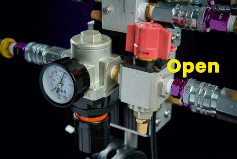 Manual pressure valve adjustment illustration.  Open valve to allow air through, close valve to depressurize Rig.