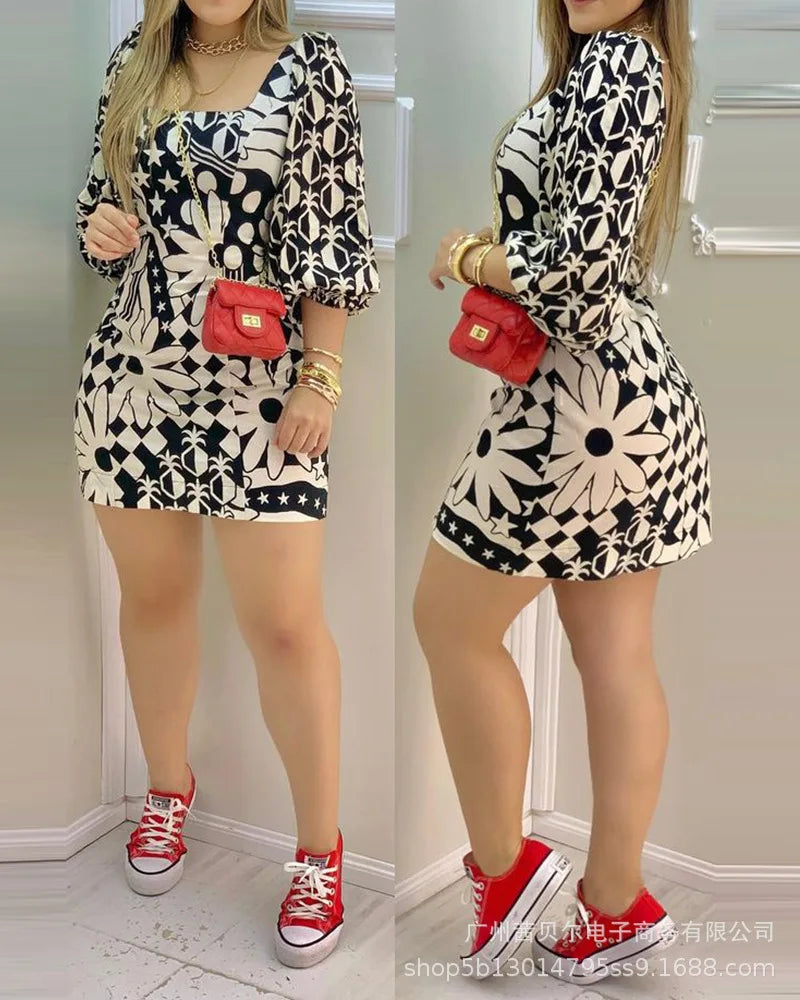 Chic Black Printed Square Neck Summer Dress