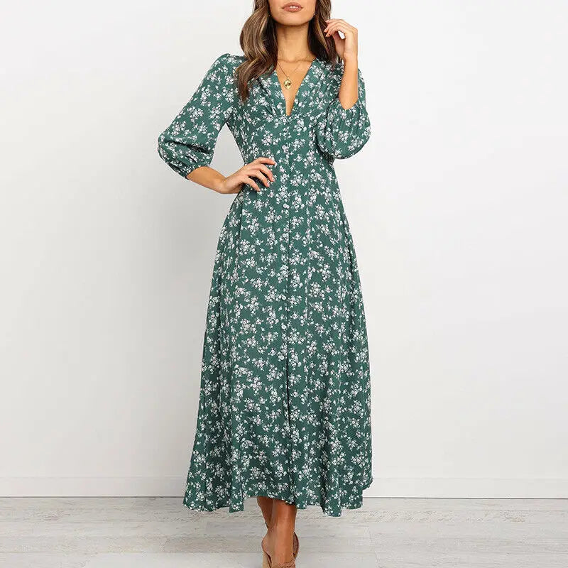 Bohemian Floral Maxi Dress with V-Neck Style