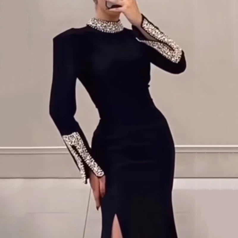 Elegant Rhinestone Patchwork Long Sleeve Spring Dress