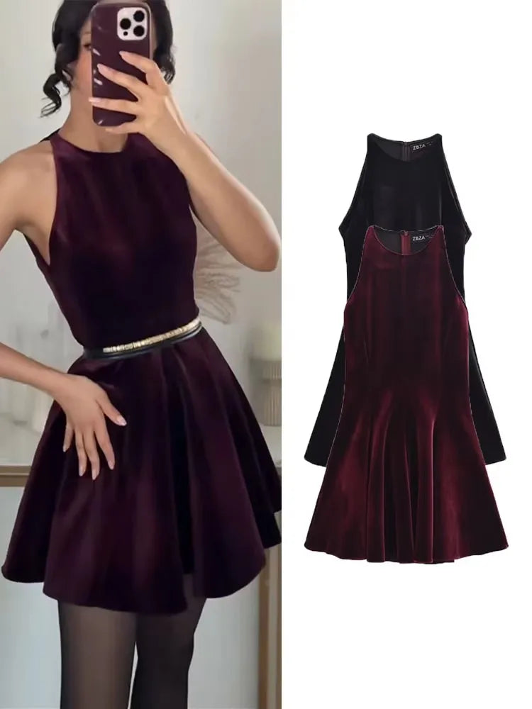 Chic Velvet Pleated Mini Dress for Parties