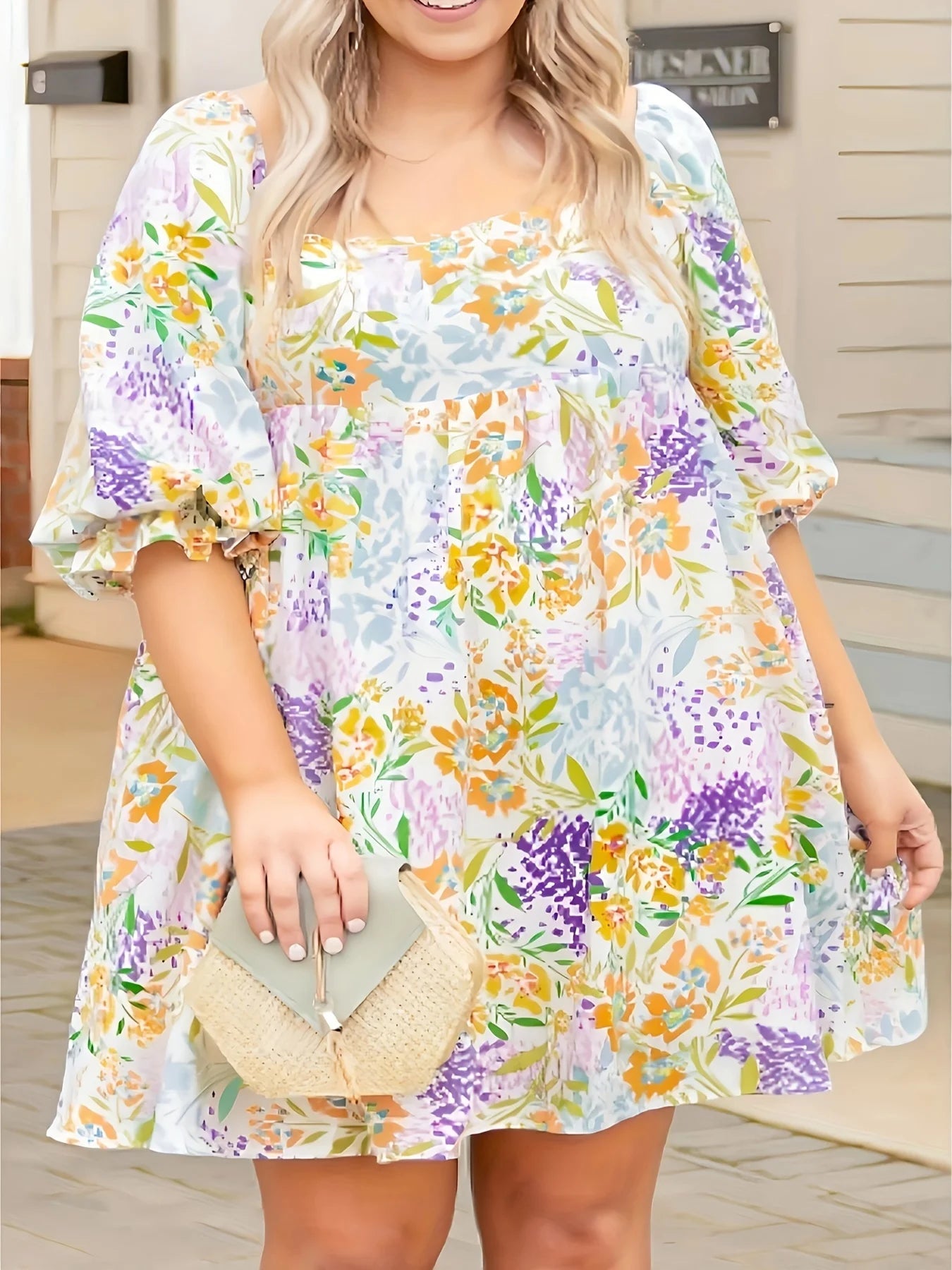 Stylish Plus Size Floral Square Collar Dress