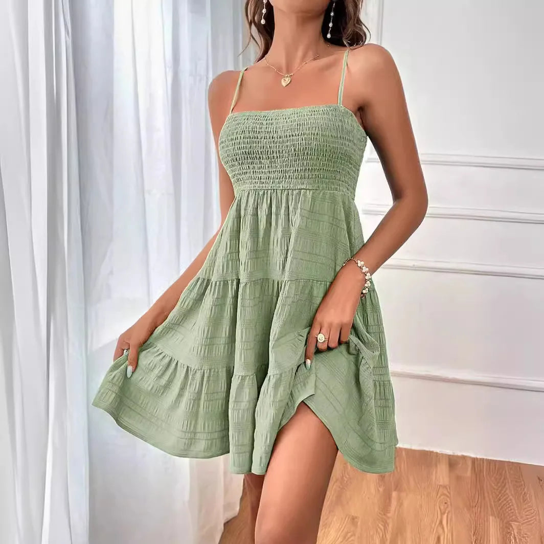 Summer Solid Color Textured Strap Dress