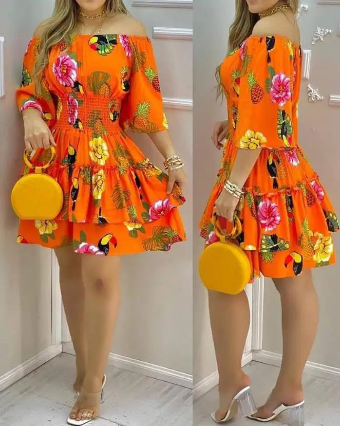 Tropical Print Off Shoulder Mini Dress for Daily Vacations