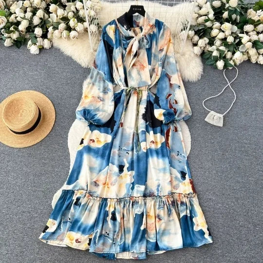 Floral A-Line Dress with Bow and Lace-Up Detail