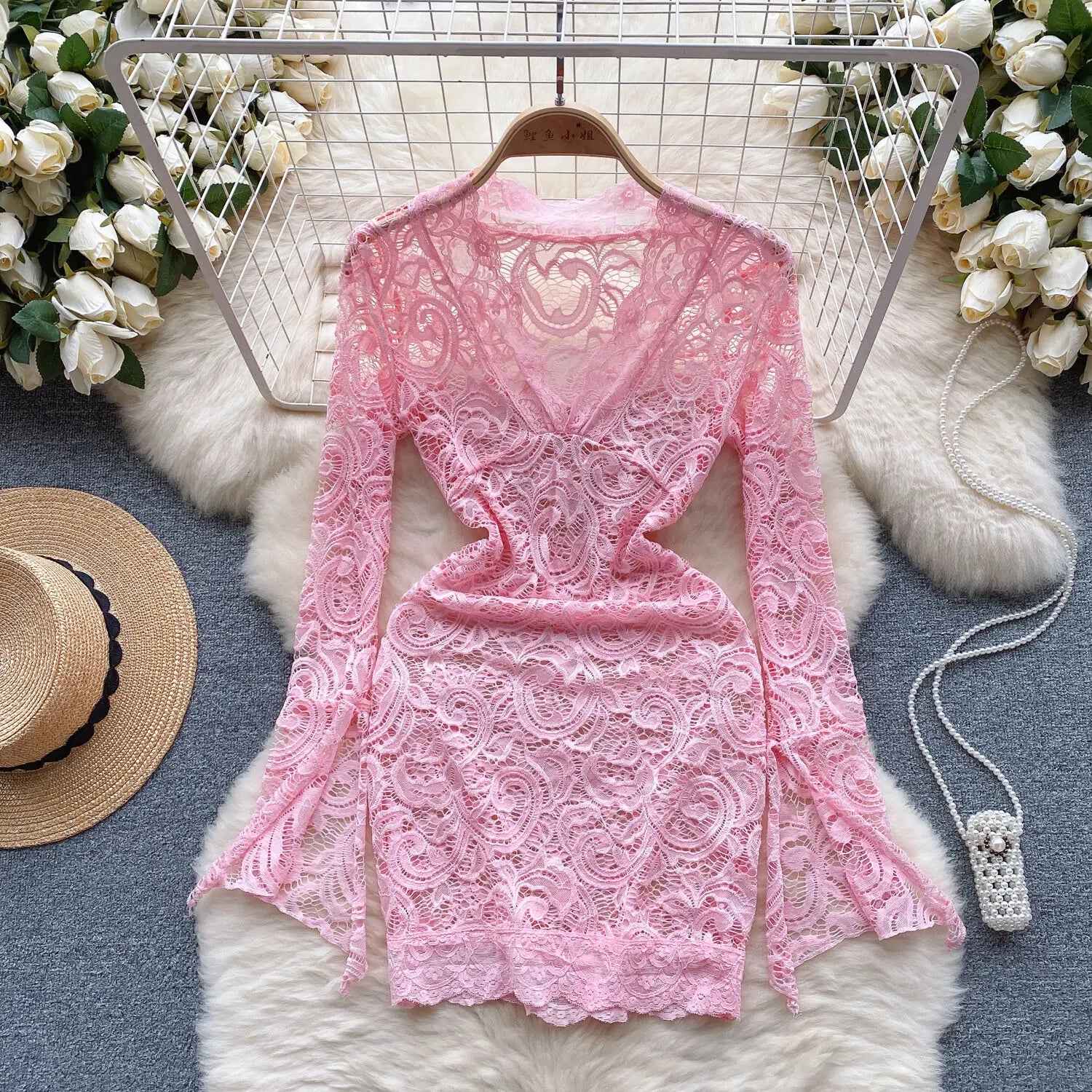 Chic Pink Mini Dress with Lace and Mesh Details