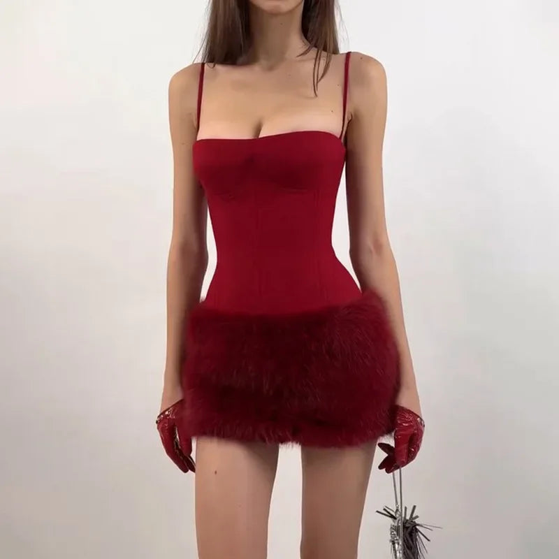 Fluffy Red Faux Fur Mini Dress with Spaghetti Straps