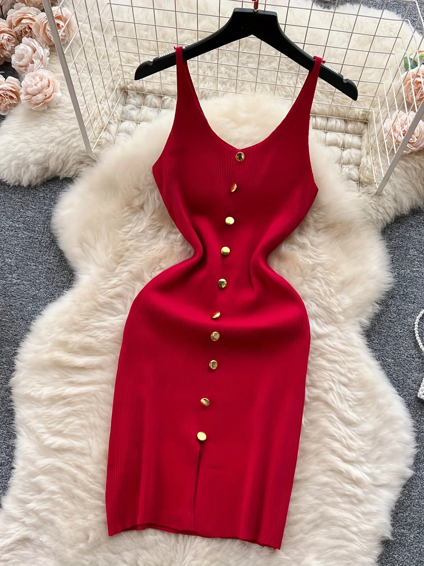 Sexy Spaghetti Strap Split Knit Bodycon Dress