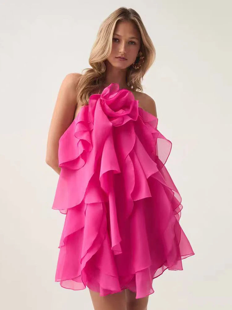 Catchy Ruffled Flower Strapless Halter Dress