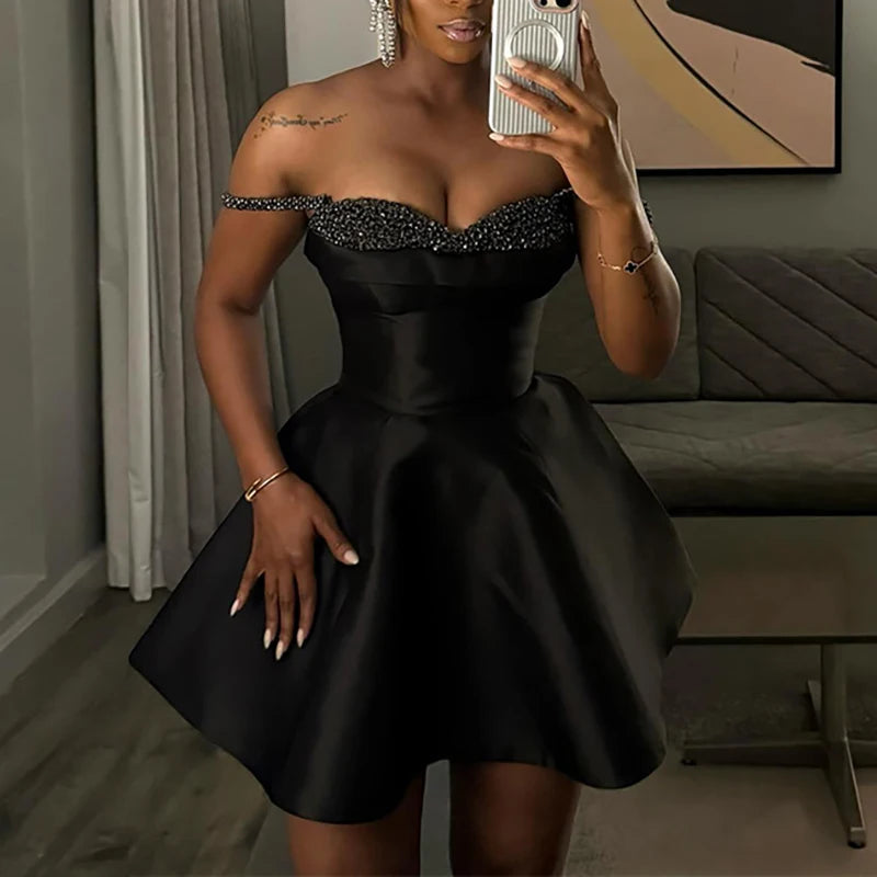 Stylish Black Sequin A-Line Off-Shoulder Dress