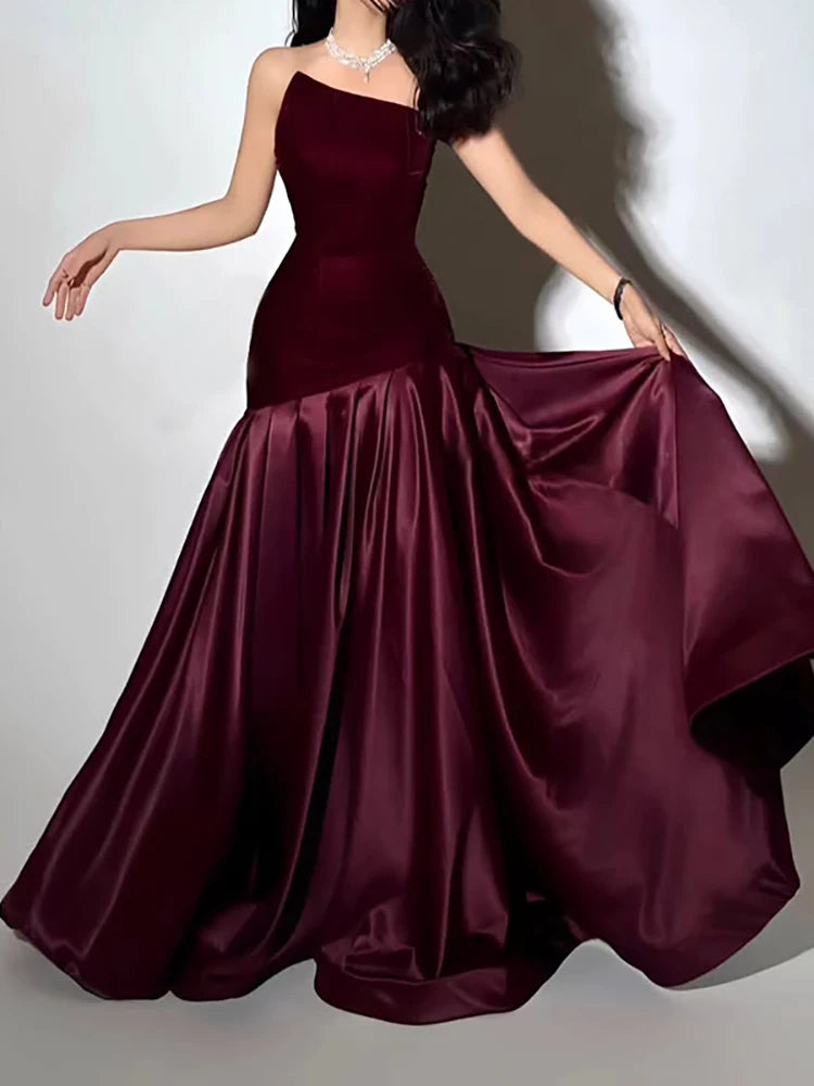 Elegant Burgundy Asymmetrical Maxi Dress for Parties