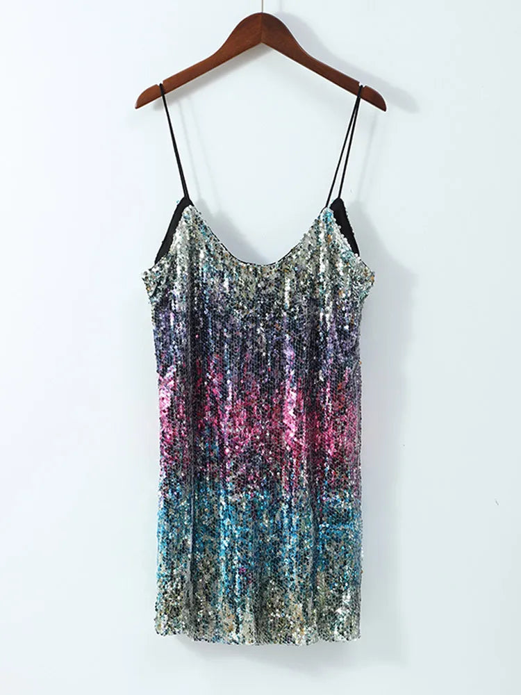Colorful Sequin Backless Suspender Party Dress
