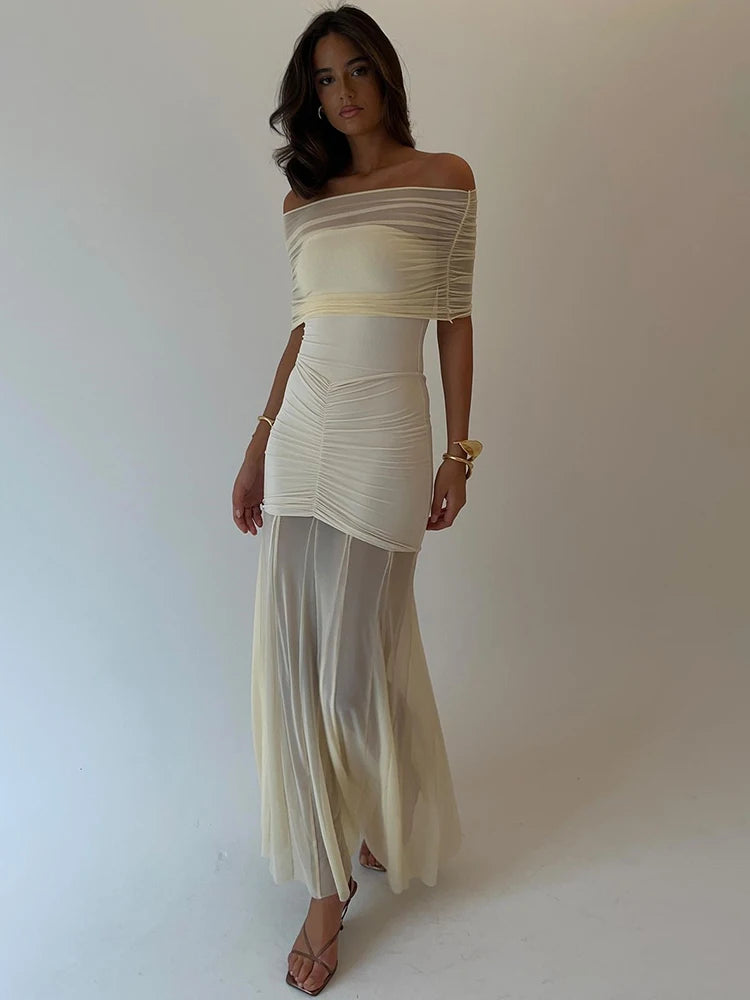 Elegant Strapless Pleated Mesh Maxi Dress
