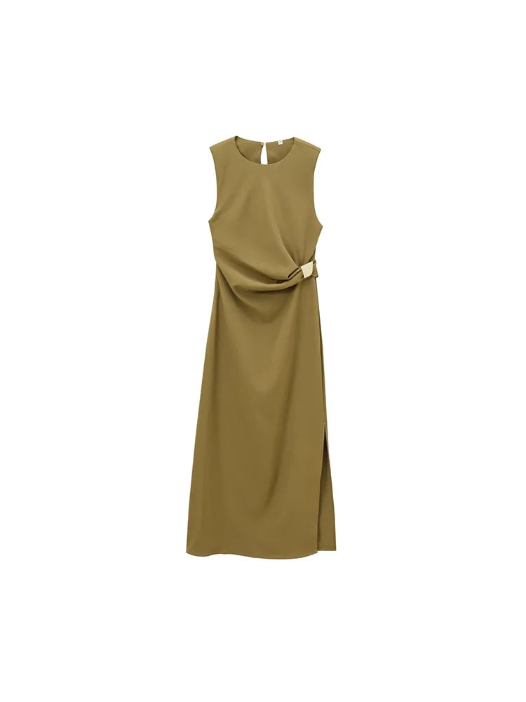 Chic Sleeveless Midi Dress with Shoulder Pads