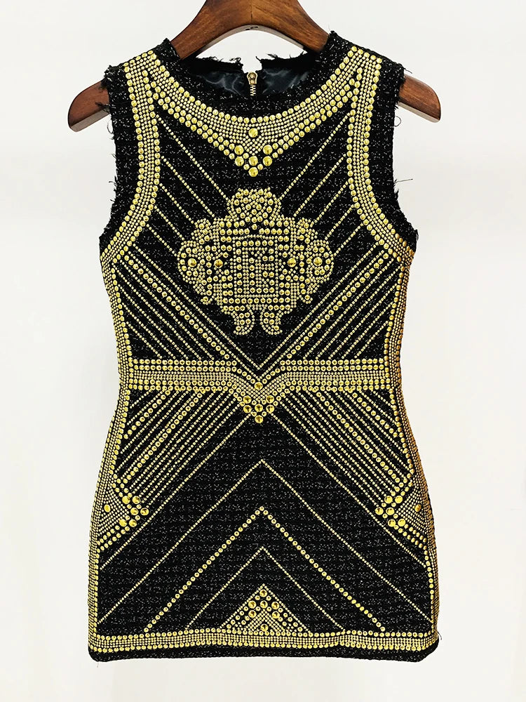 Chic Sleeveless Tweed Dress with Metal Rivets
