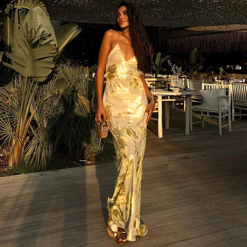 Chic Gold Foil Bodycon Maxi Dress for Parties