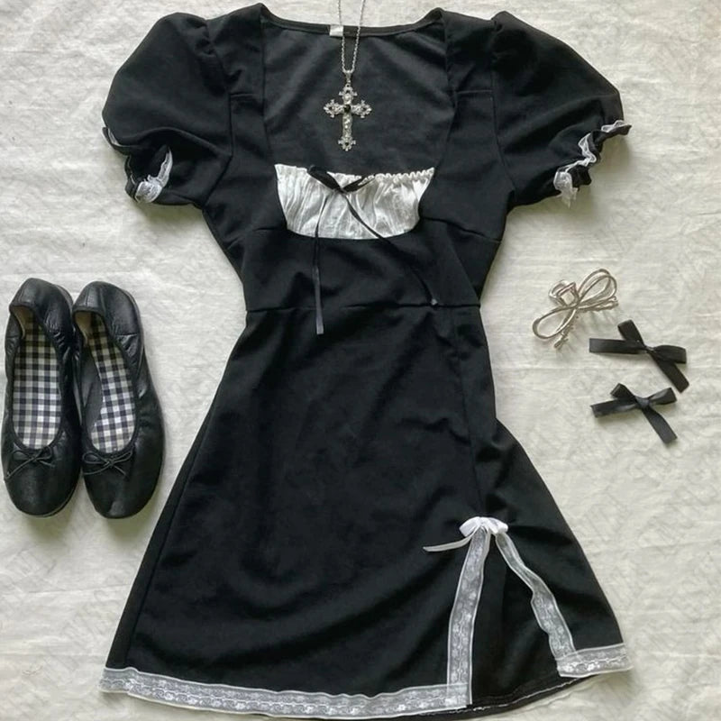 Gothic Lace Bow Square Neck Retro Dress