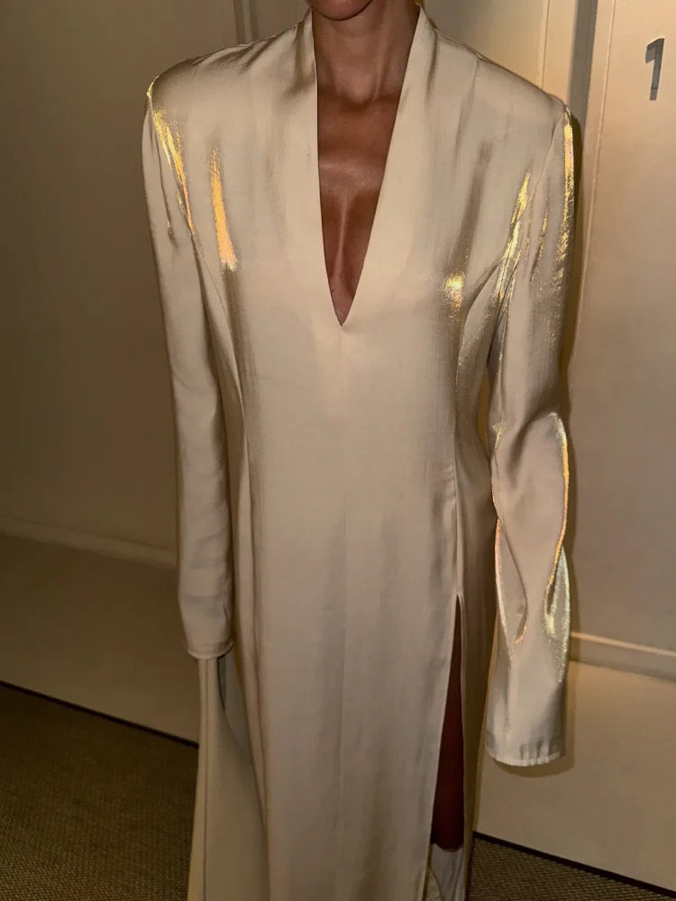 Chic White V-neck Satin Maxi Dress for Women