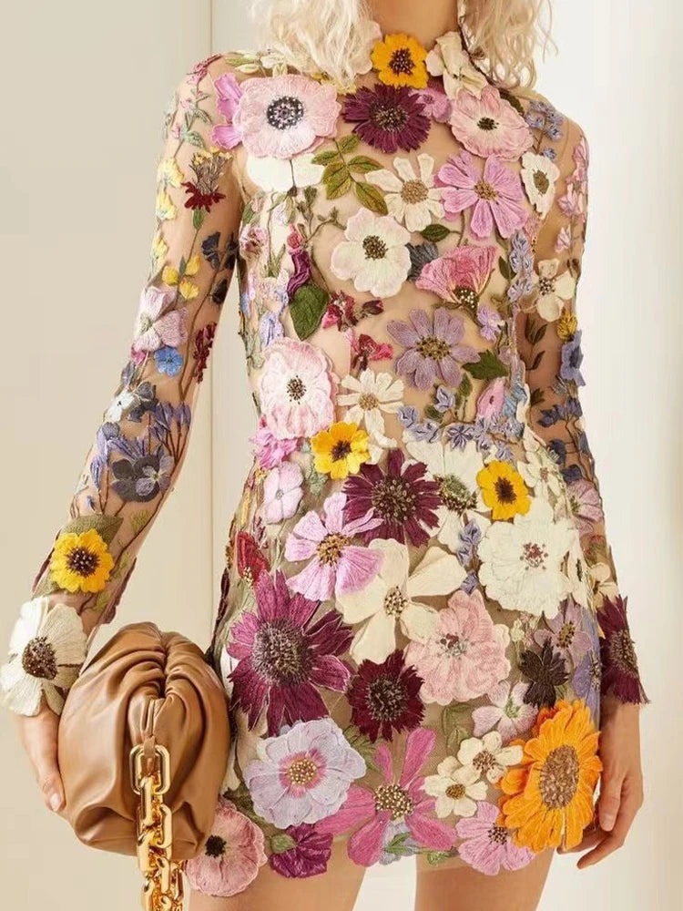 Floral 3D Embroidery Mini Dress for Parties