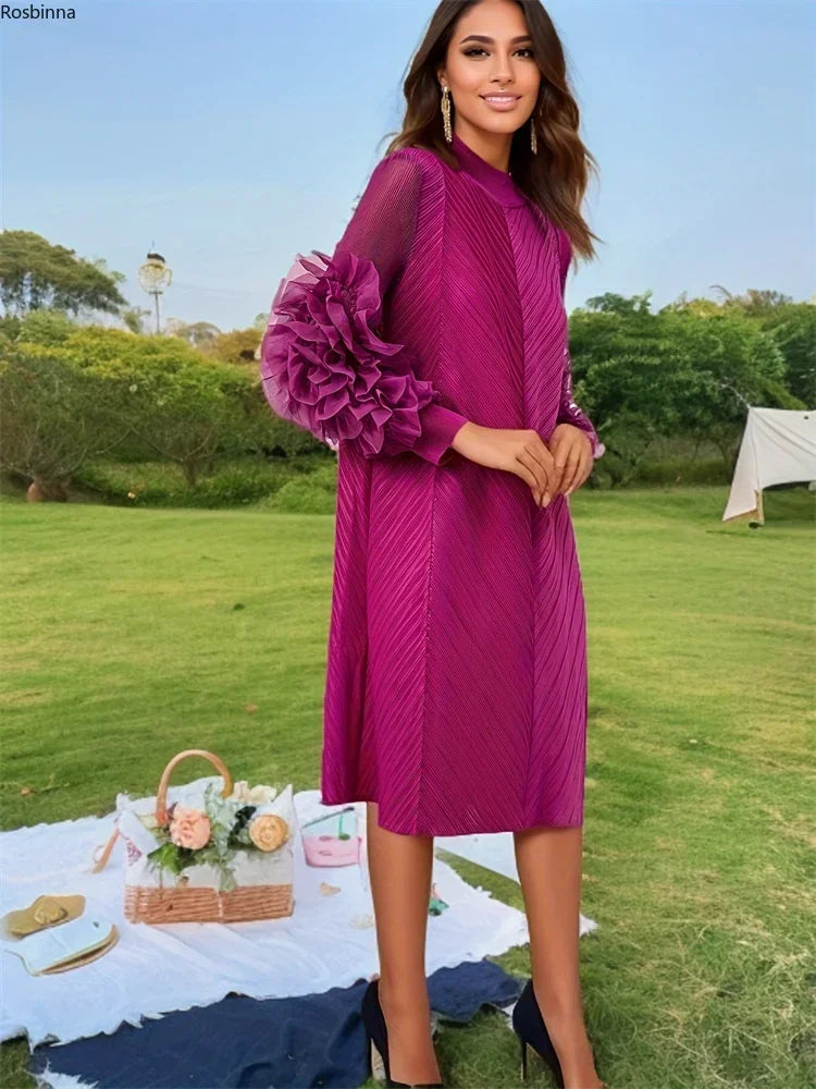 Elegant Midi Dress with Pleated Embroidery Design