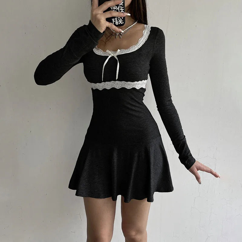 Elegant Black Lace Mini Dress for Autumn Parties