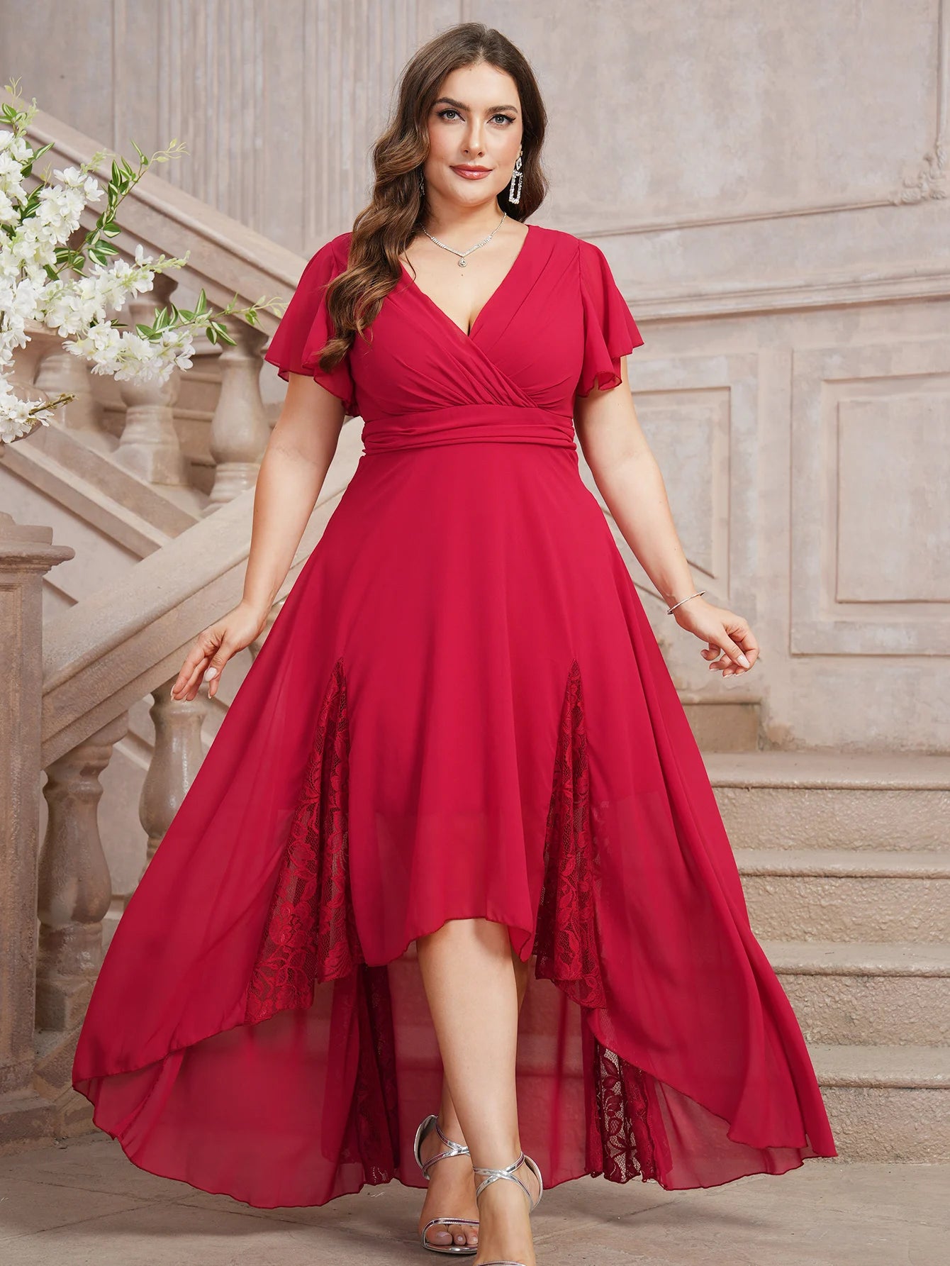 Elegant Plus Size V-Neck Chiffon Evening Gown