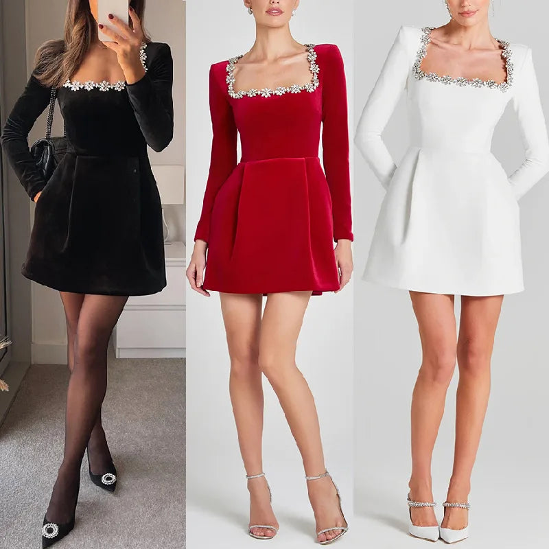 Elegant Square Collar Velvet Fashion Dress for Women