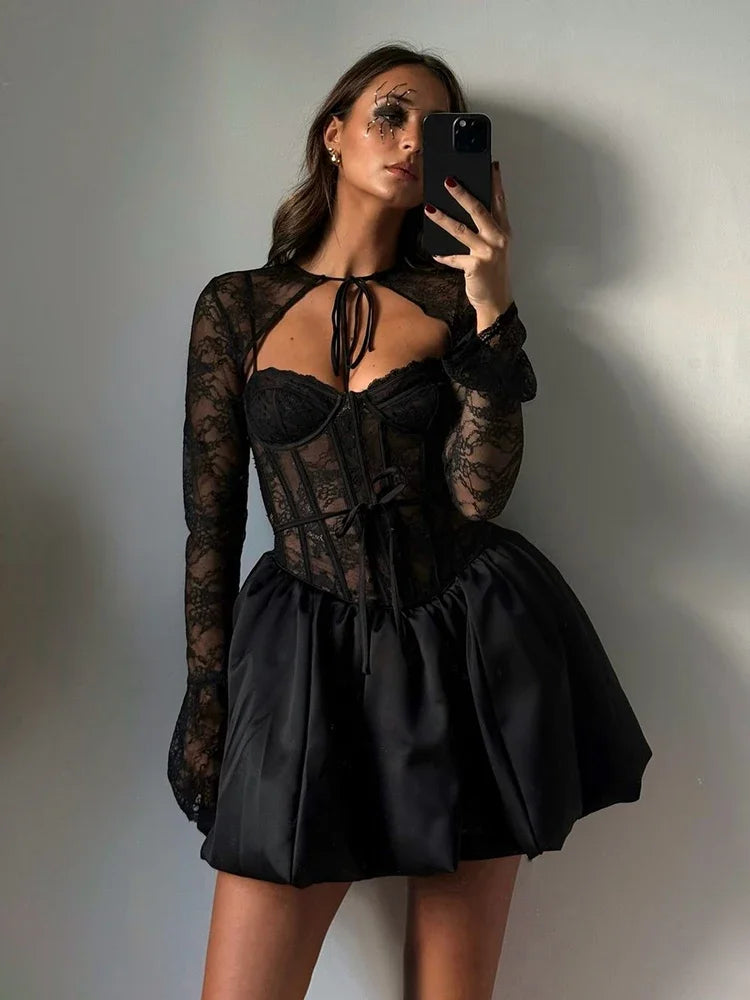 Lace A-Line Mini Dress with Long Sleeves
