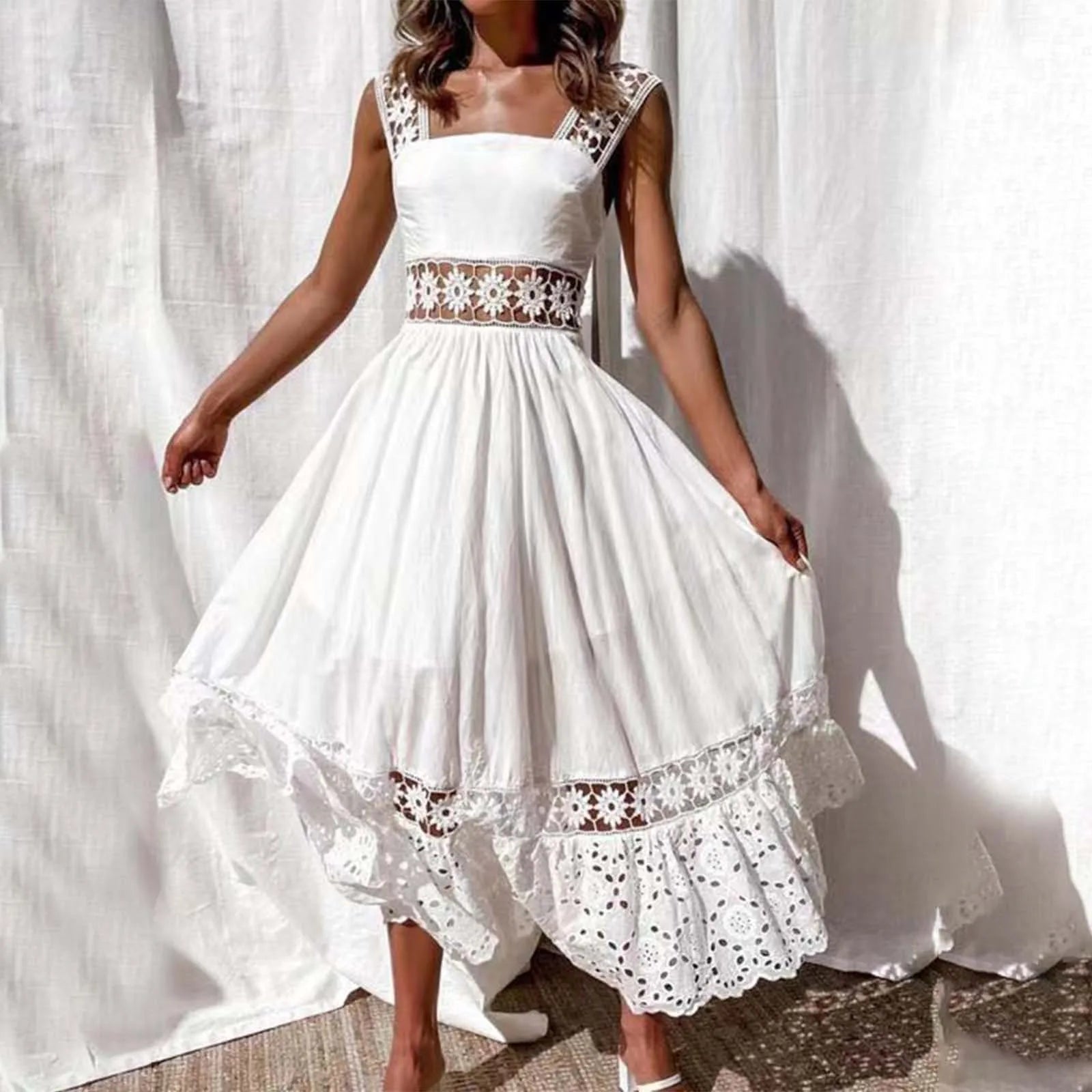 Elegant Hollow Strap Dress with Square Neck Design
