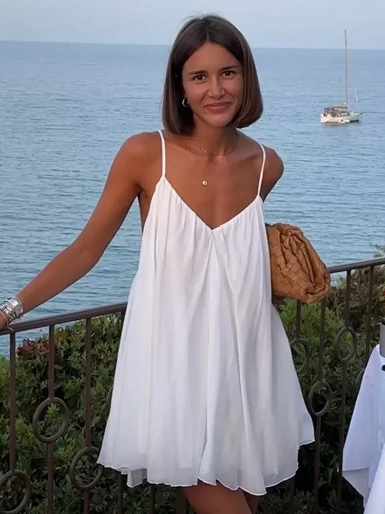 Double Layer Mesh Backless V-neck Mini Dress