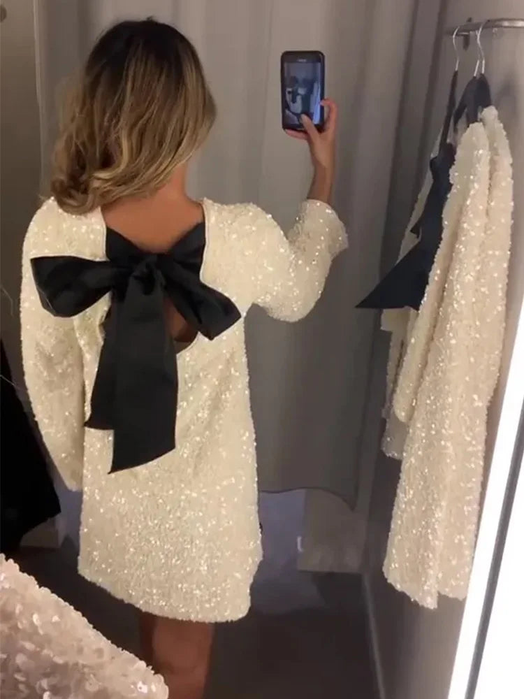 Elegant Sequin Mini Dress with Bow Sleeves