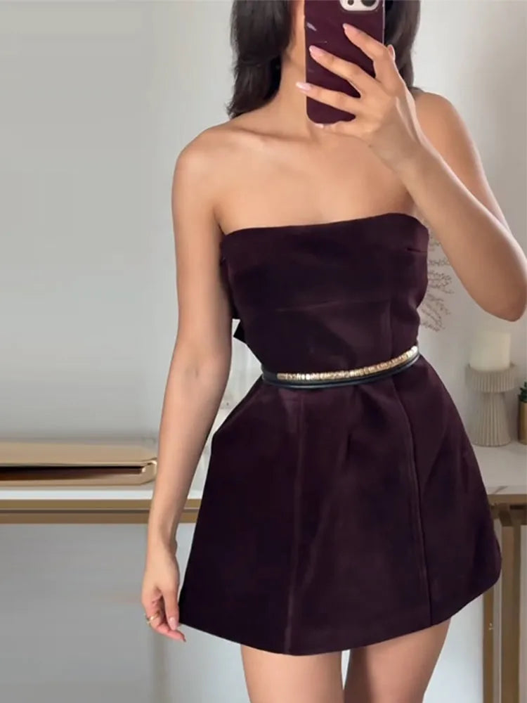 Elegant Backless Velvet Mini Dress with Bowknot