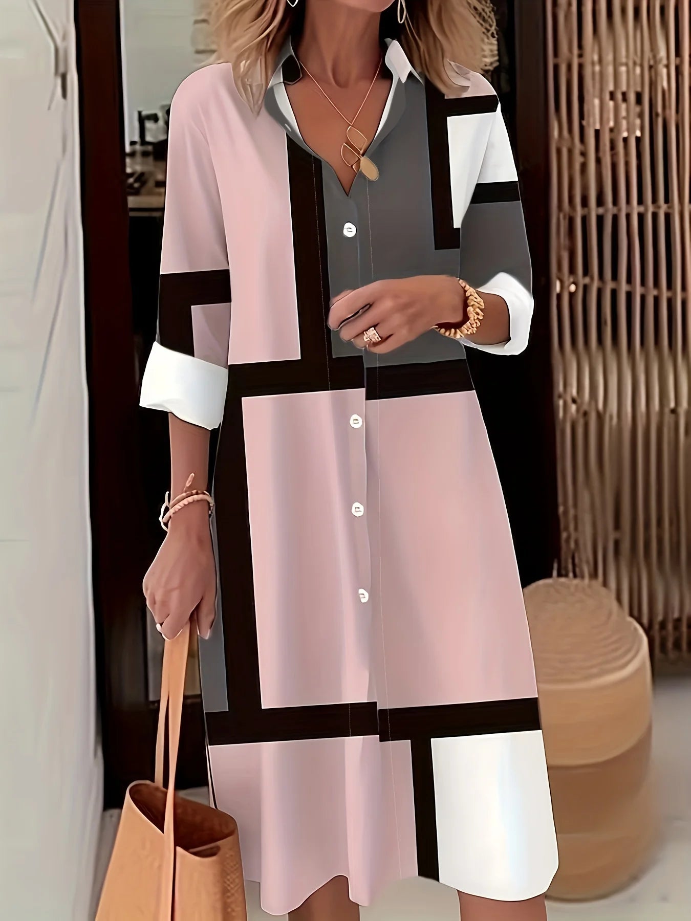 Stylish Plus Size Geometric Plaid Shirt Dress