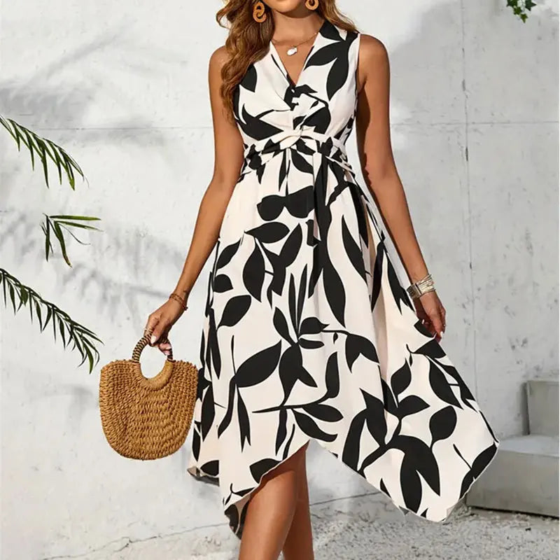 Stylish Leaf Print Irregular Twisted Midi Dress