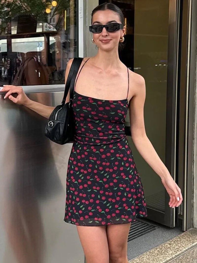 Catchy Summer Cherry Print Mini Slip Dress