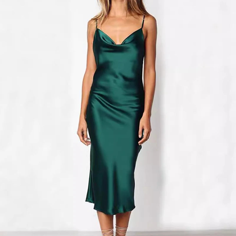 Elegant Green Satin Long Party Dress for Women