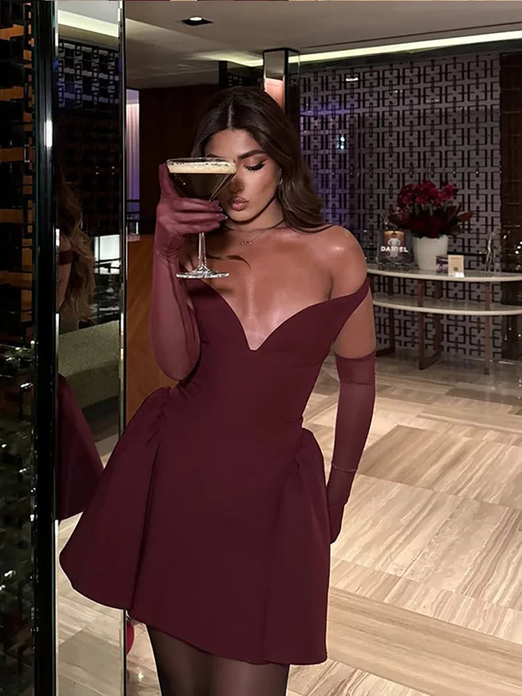 Chic Burgundy Sleeveless V-neck Mini Dress for Parties
