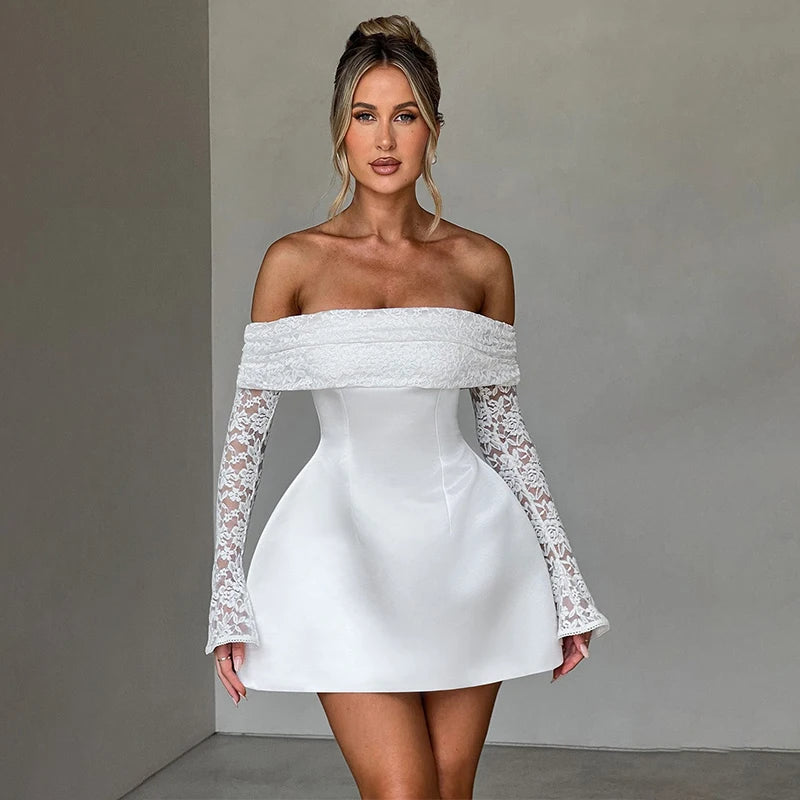 Lace Patchwork Off-Shoulder A-Line Mini Dress