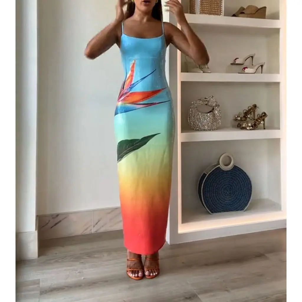 Stylish Summer Square Neck Sequined Slit Dress