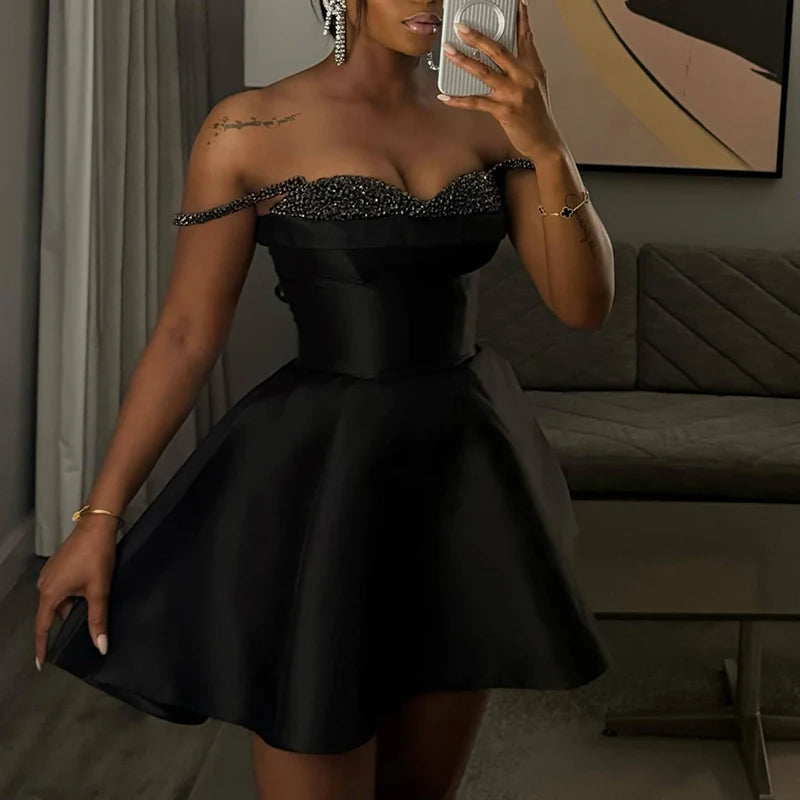 Elegant Off Shoulder Pleated Black Party Dress