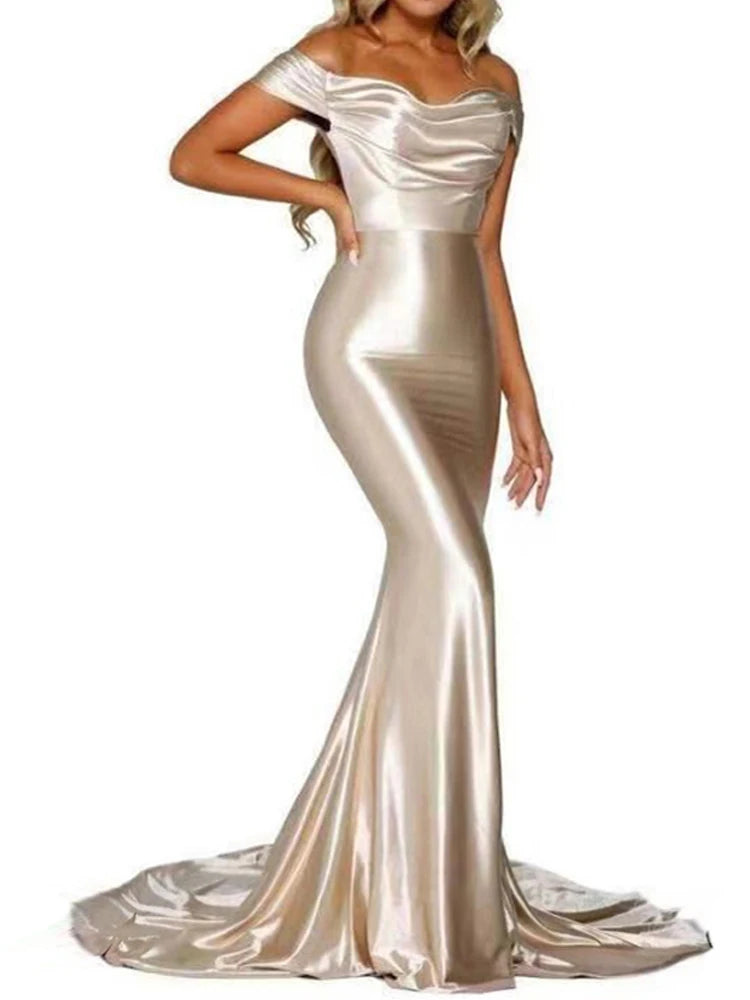 Elegant Off-Shoulder Satin Maxi Dress for Parties
