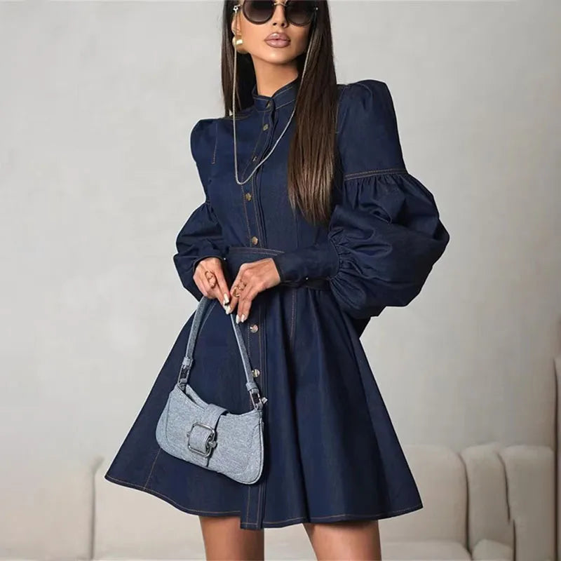 Chic Lace-Up Blue Denim Mini Dress for Women