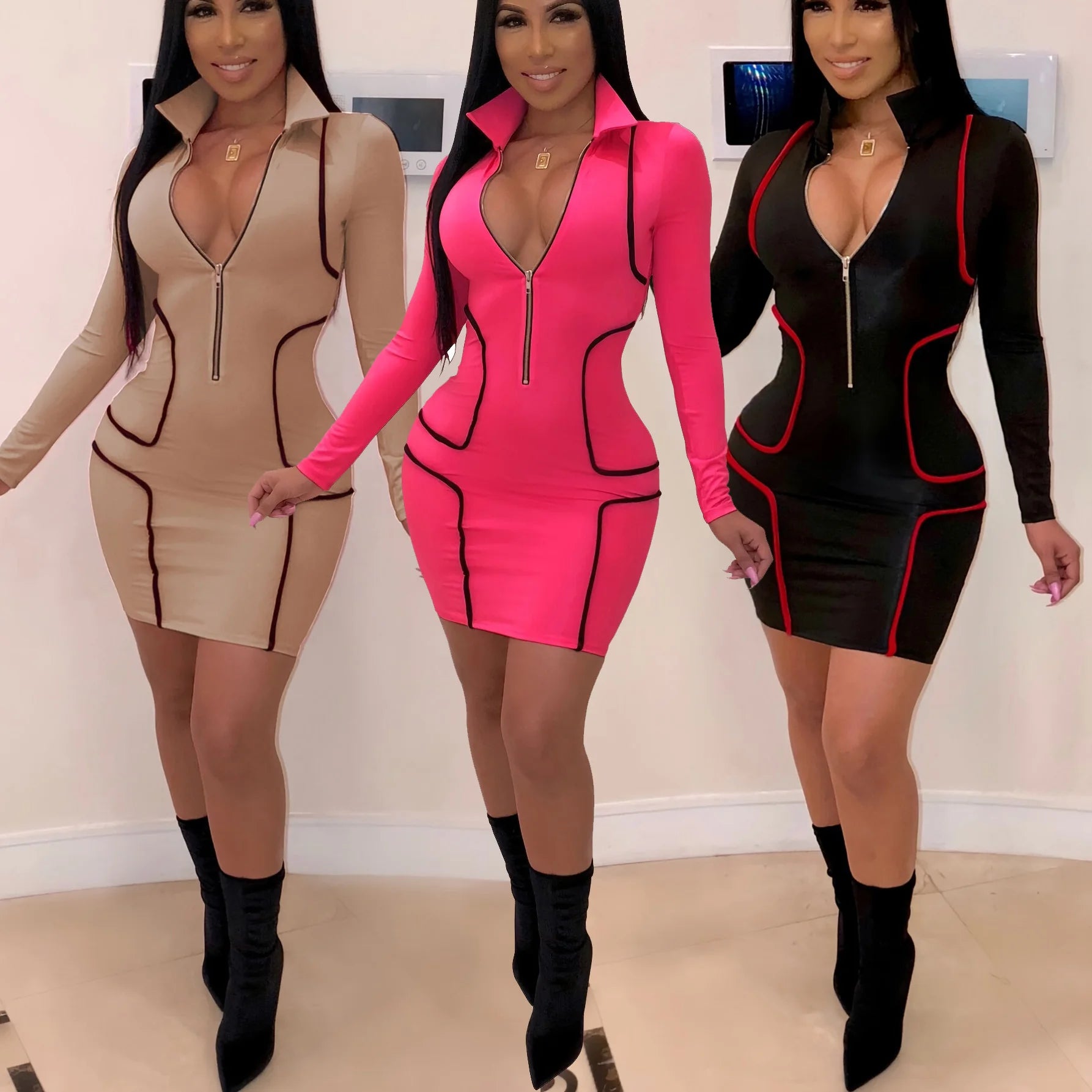Chic Zipper V Neck Bodycon Mini Dress for Parties