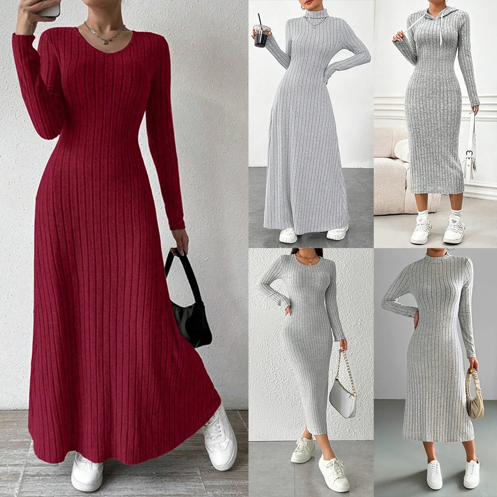 Elegant Knit Bodycon Dress with Hooded Turtleneck