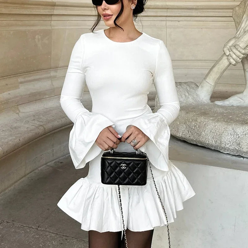 Elegant White Flare Ruffle Mini Dress for Parties
