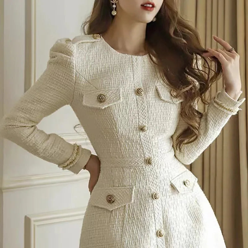 Chic Round Neck Slim Tweed Dress for Spring