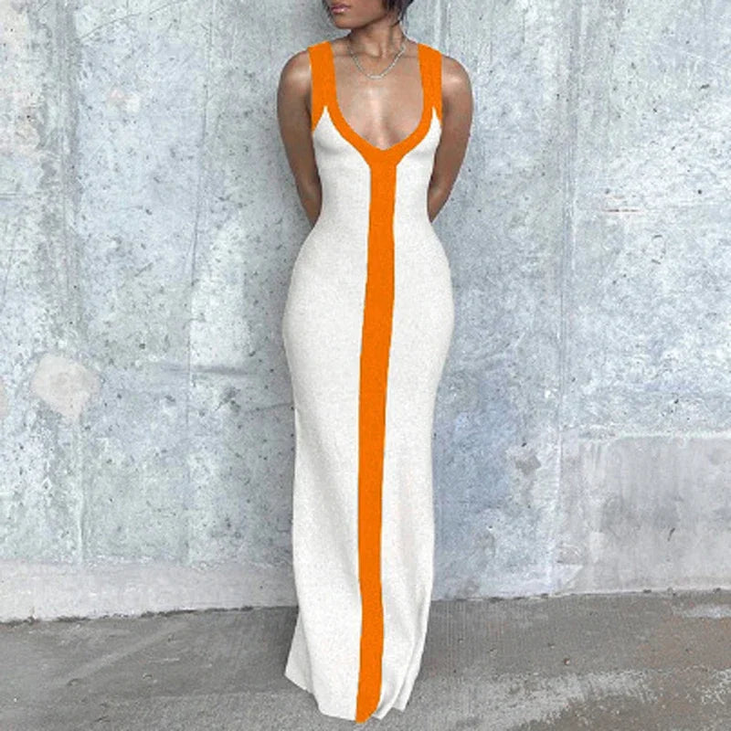 Elegant Deep V Neck Color Block Bodycon Dress