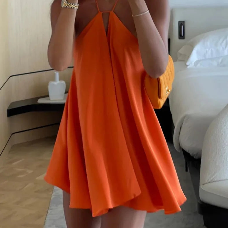 Sleek Solid Color Summer Mini Dress with Deep V-Neck